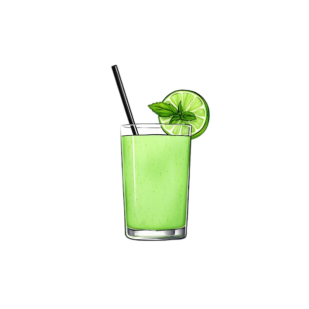 Smoothie de limão fresco num copo com palha preta e guarnição de manjericão Bebida verde refrescante isolada