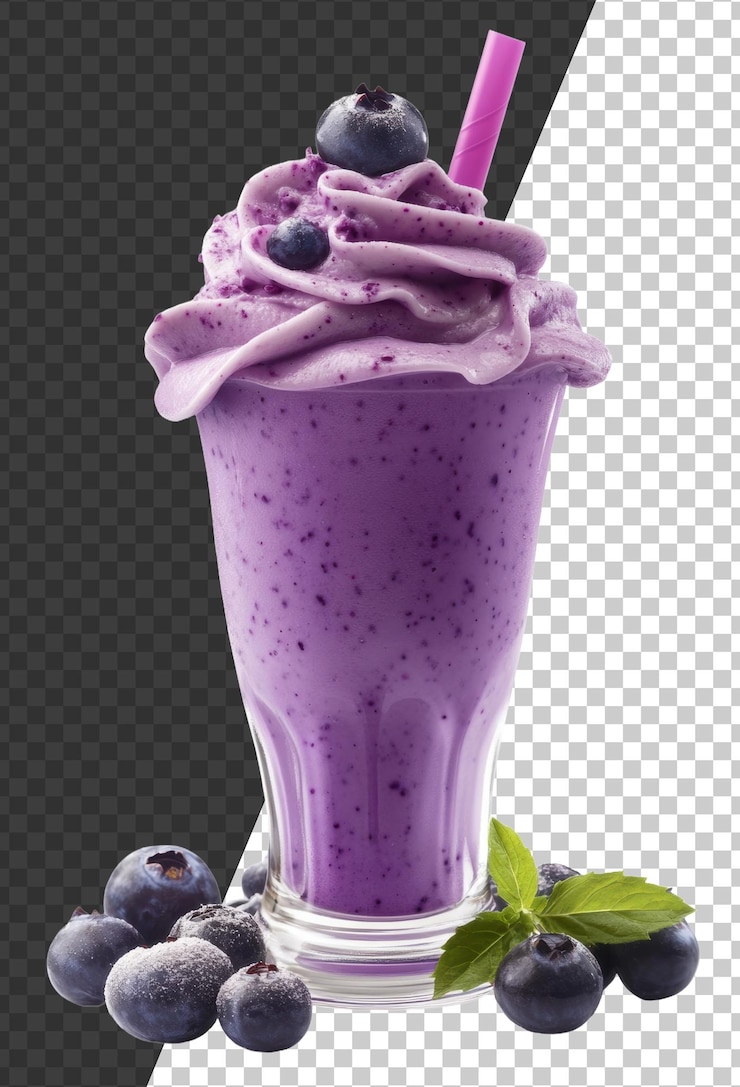 PSD smoothie de mirtilo cremoso com bagas frescas cortadas em stock png
