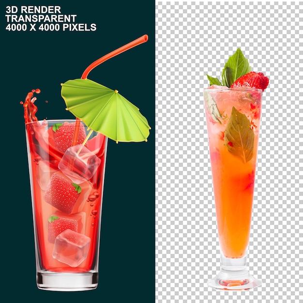 PSD smoothie jugo de fresa juzo de fresa frutas de dibujos animados en 3d frutas de fresa