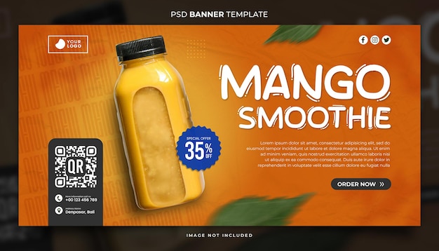 PSD smoothie de mango en la plantilla de la bandera de la botella