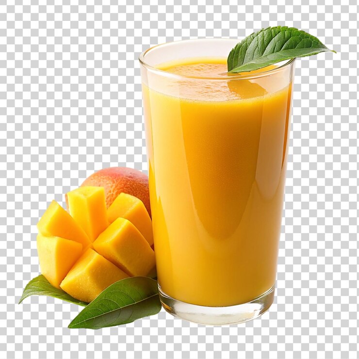 PSD smoothie de mango en un vaso con frutas y hojas de mango frescas aisladas sobre un fondo transparente