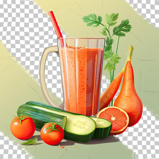 PSD smoothie vegetariano fresco com tomate, pepino e cenoura contra fundo transparente