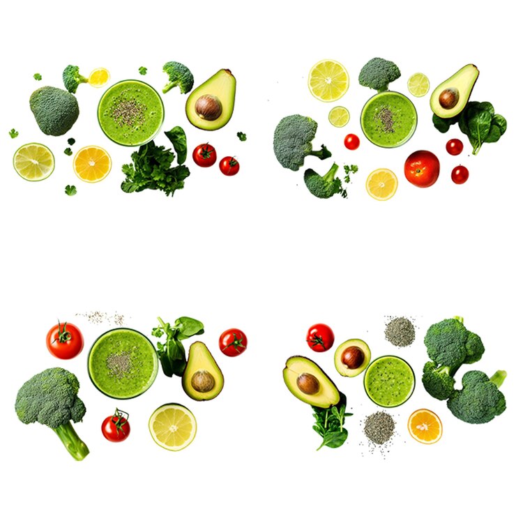 PSD smoothie verde con semillas de chia junto a aguacate y verduras amarillas de limón tomates y brócoli