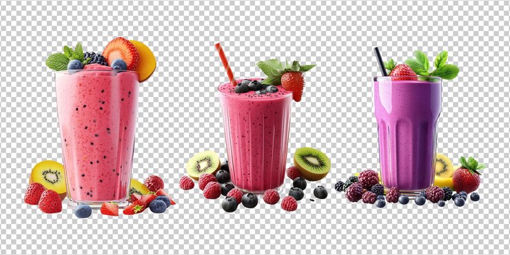 Smoothies coloridos en vasos con bayas frescas