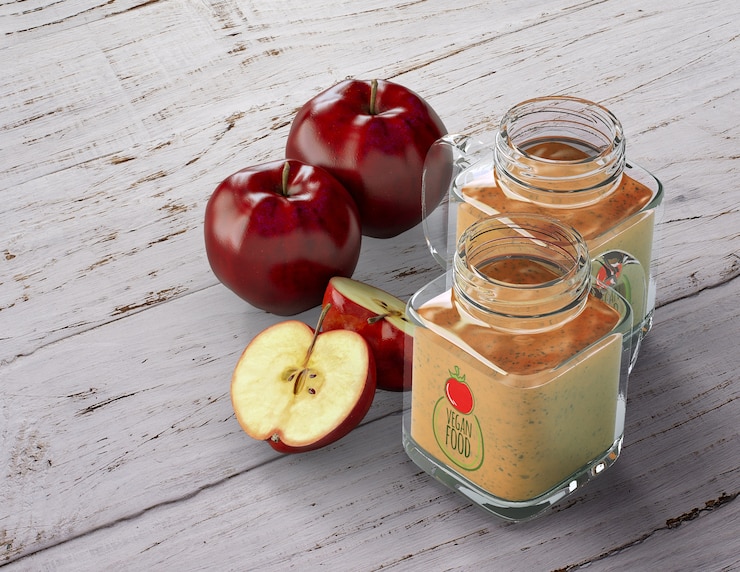 PSD smoothies in glasses bottles with apple