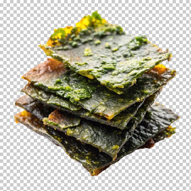 PSD snacks coreanos de algas nori crujientes aislados sobre un fondo transparente