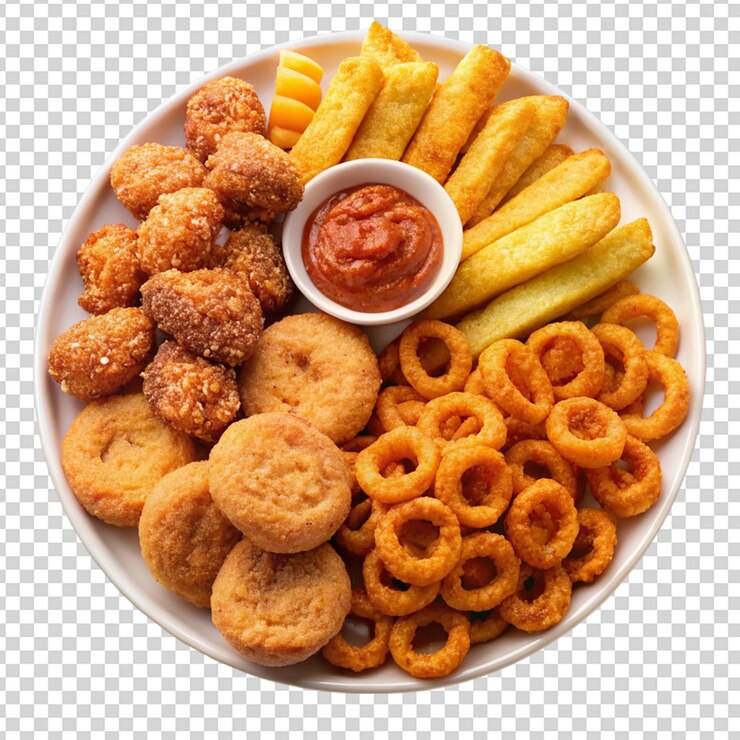 PSD snacks fritos en un plato blanco aislados sobre un fondo transparente