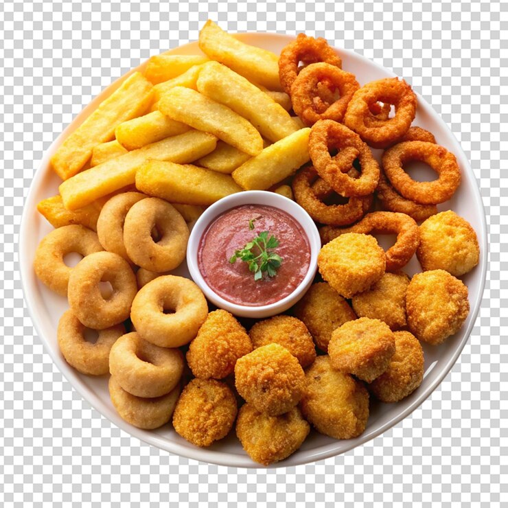 PSD snacks fritos en un plato blanco aislados sobre un fondo transparente