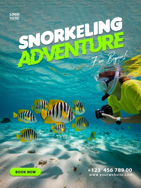 Snorkeling Aventura Verão Mar Explorar Oceano Negócio Flyer Design Poster Template Mídia Social