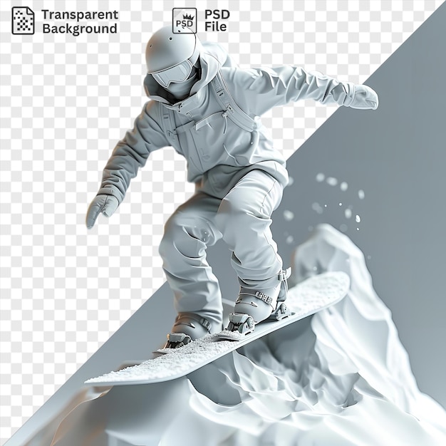 Snowboarder 3d isolado em uma encosta nevada vestindo um capacete branco e botas pretas e brancas com um snowboard branco e braço estendido contra um céu branco