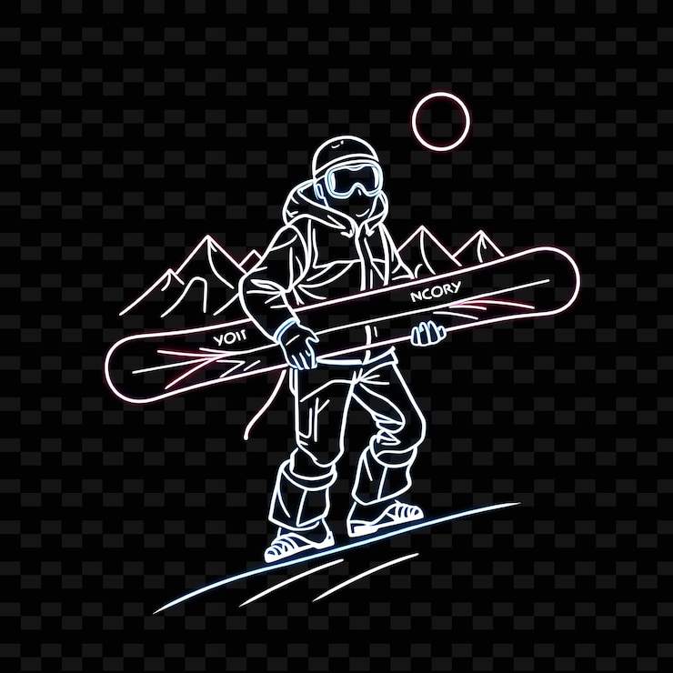 PSD snowboarder curvo con tavola neon mountain art design con decorazione a colori misti bianco e blu