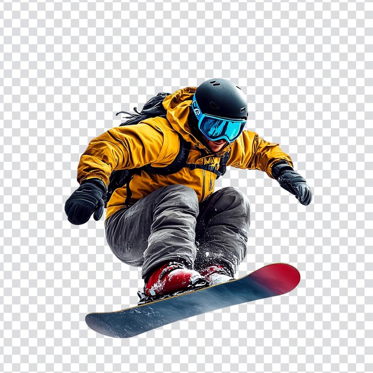 PSD un snowboarder está usando una chaqueta amarilla y gafas de protección en un fondo transparente