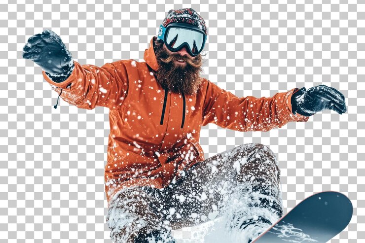 PSD snowboarder in polvere nella stazione invernale isolato su uno sfondo trasparente