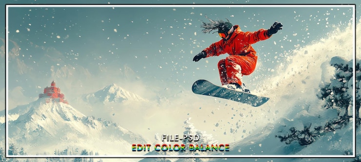 PSD snowboarder jumps snowy mountains