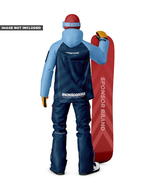 PSD snowboarder con una maqueta de tabla de vista hacia atrás