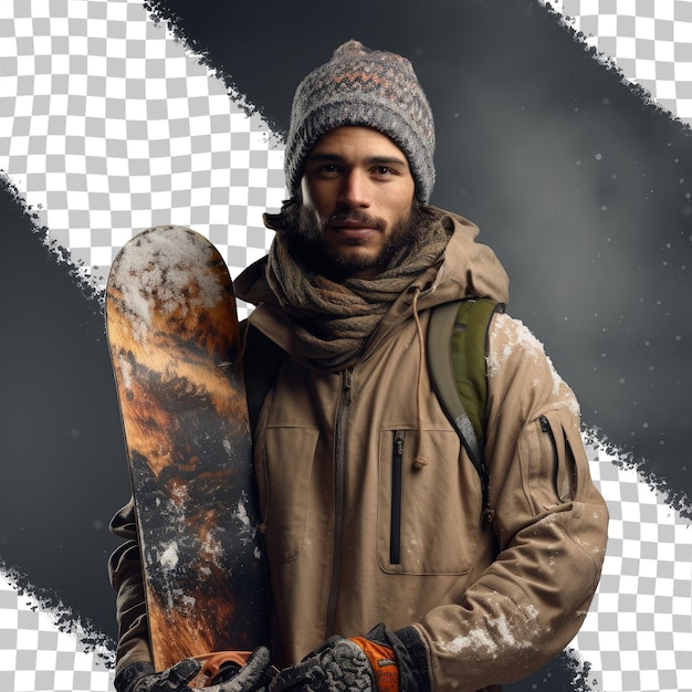 PSD snowboarder masculin sur fond transparent avec une planche