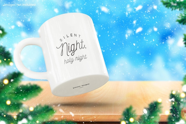 Snowy 11oz Mug Maquette De Tasse En Céramique Blanche Sur Table En Bois Avec Fond De Noël Et Neige