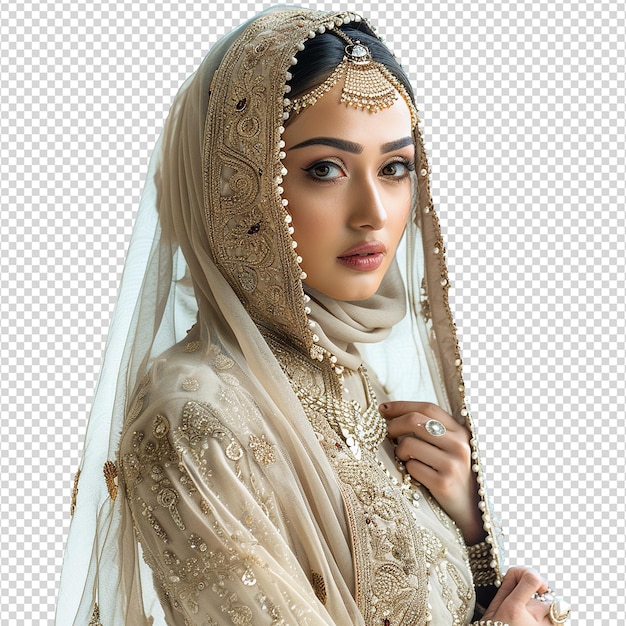 PSD so pretty muslim model wearing finest dress and jewelry isolated on transparent background