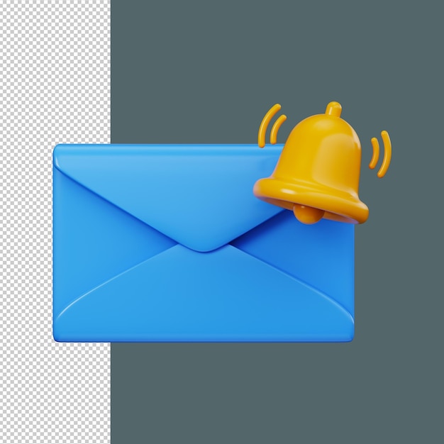 Sobre 3D azul con campana de notificación Símbolo de alerta de mensaje para correo electrónico o interfaz de usuario