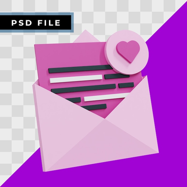 Sobre 3D con carta con ilustración de icono de signo de amor, realista y de alta resolución