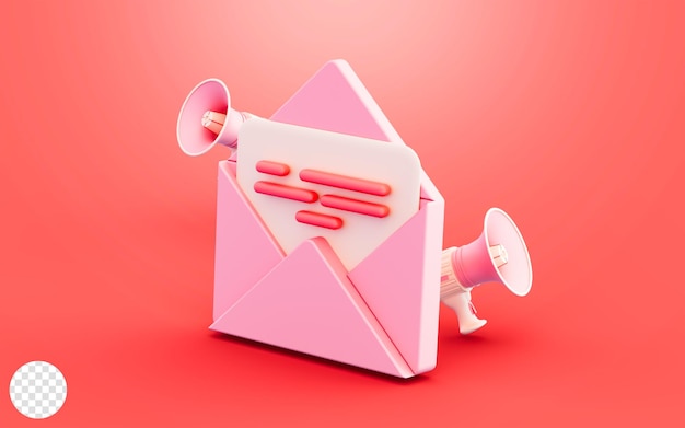 Sobre de boletín con ilustración 3d de símbolo de megáfono para marketing digital de correo electrónico más reciente