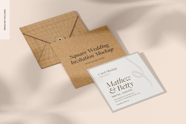 Sobre cuadrados de bodas y maqueta de tarjetas Vista izquierda