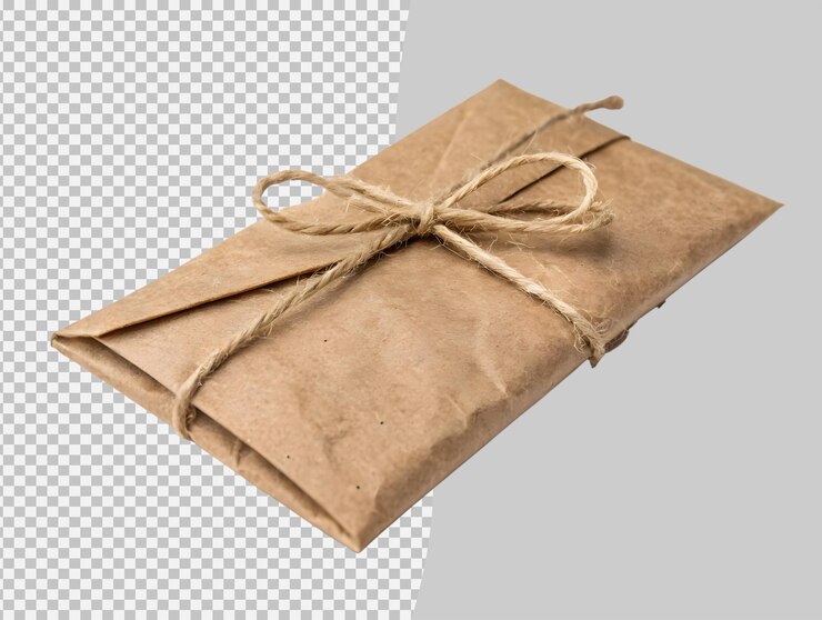 PSD sobre de papel kraft rústico atado con cuerda de yute sobre un fondo transparente