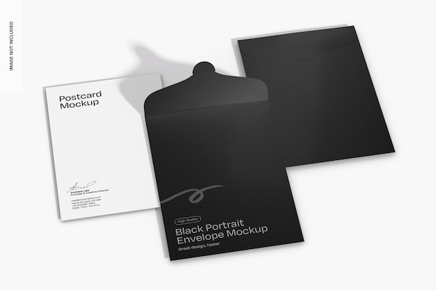 Sobre de retrato negro con maqueta de tarjeta postal abierta y cerrada