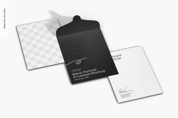 Sobre de retrato negro con postales Mockup vista en ángulo alto