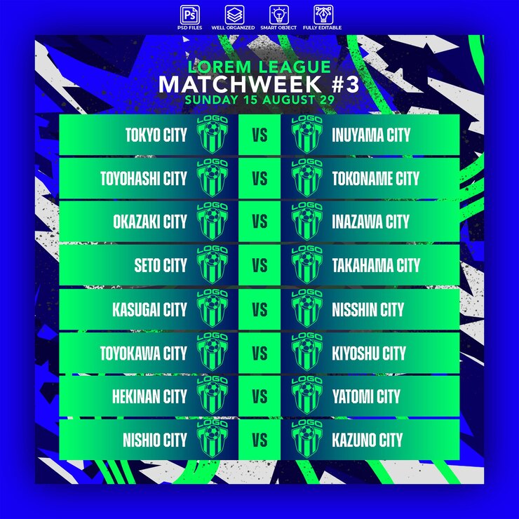 PSD soccer league matchweek schedule poster or banner design template