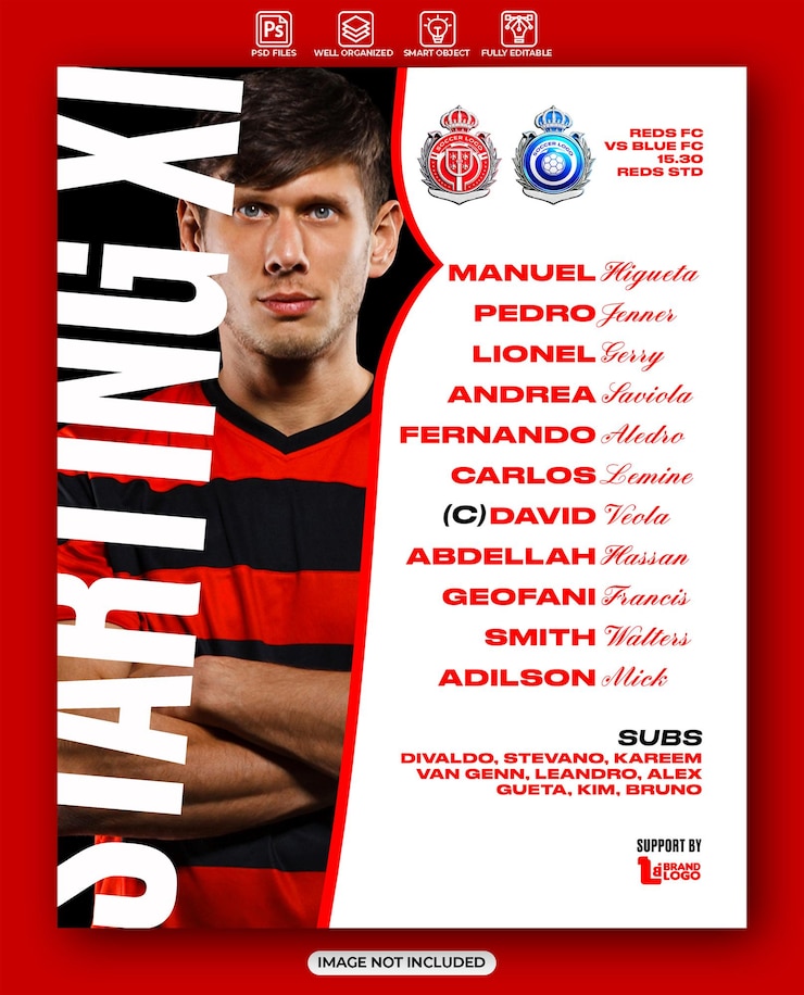 PSD soccer starting xi design template