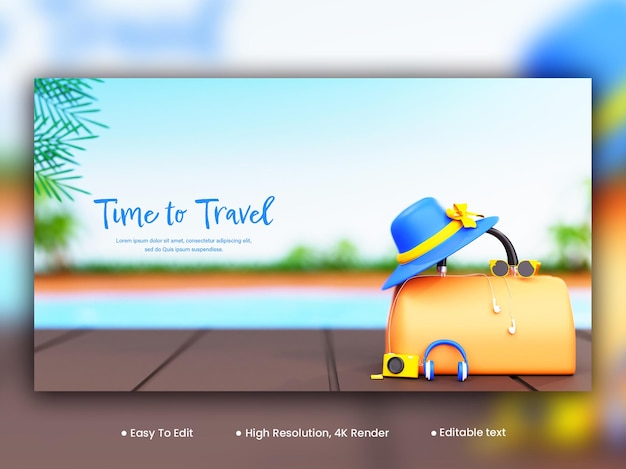 Social-media-banner-design mit 3d-reiseelementen auf verschwommenem hintergrund für time-to-travel-konzept