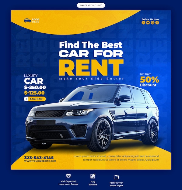 Social-Media-Banner oder Instagram-Post-Vorlage für Autovermietungen und Automobiler
