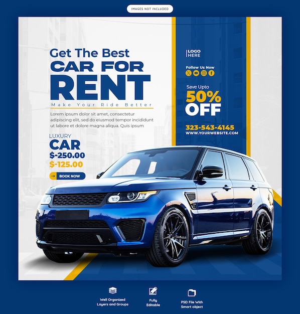 Social-Media-Banner oder Instagram-Post-Vorlage für Autovermietungen und Automobiler