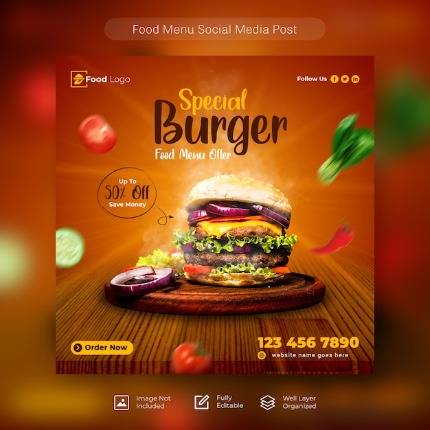 Social-Media-Banner-Vorlage für Burger und Speisenmenü