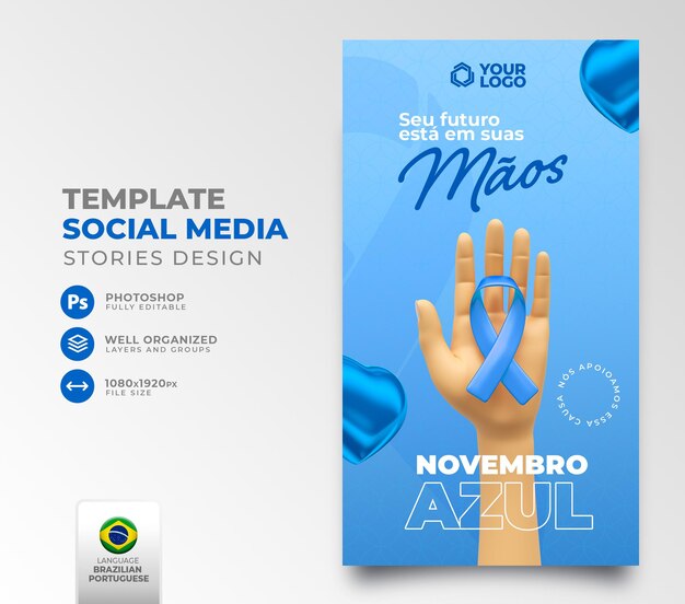 Social-Media-Beitrag für die Kampagne „Blue November“ in 3D-Darstellung in brasilianischem Portugiesisch