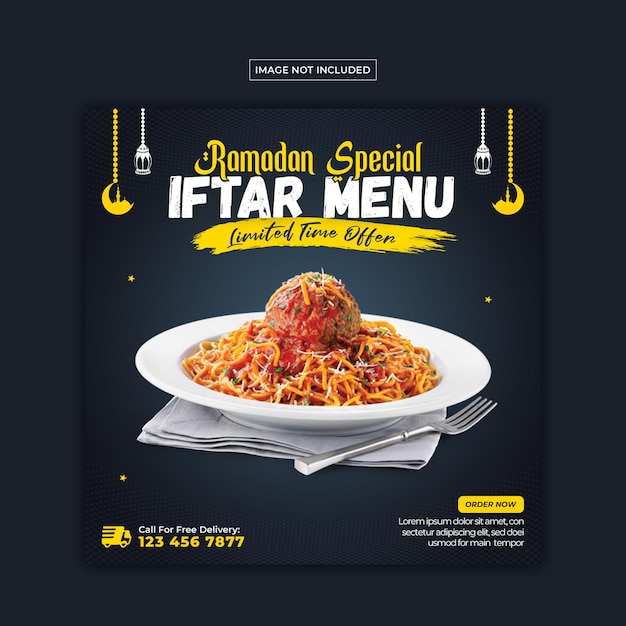 Social-media-beitragsvorlage für das ramadan-speisemenü premium psd