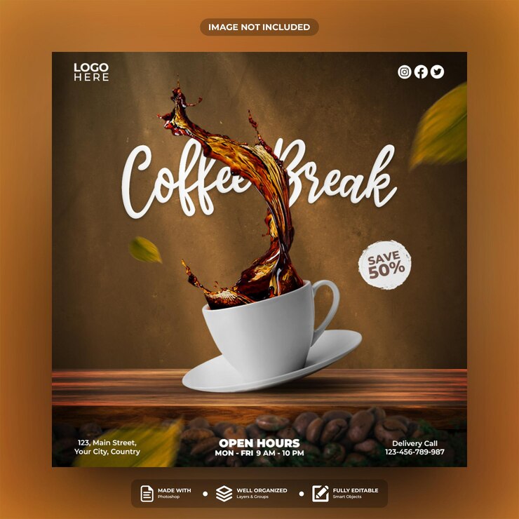PSD social-media-beitragsvorlage für kaffeepausen