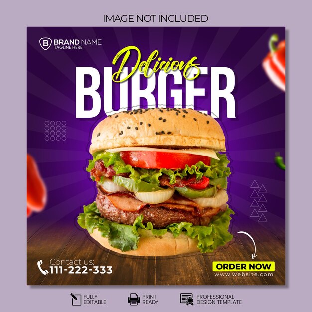 Social Media Fast Food Burger Post Template Design Edição Minimal Quadrado Banner Template