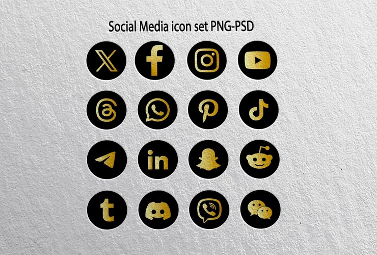 PSD social media icon set logos circulares dourados e pretos