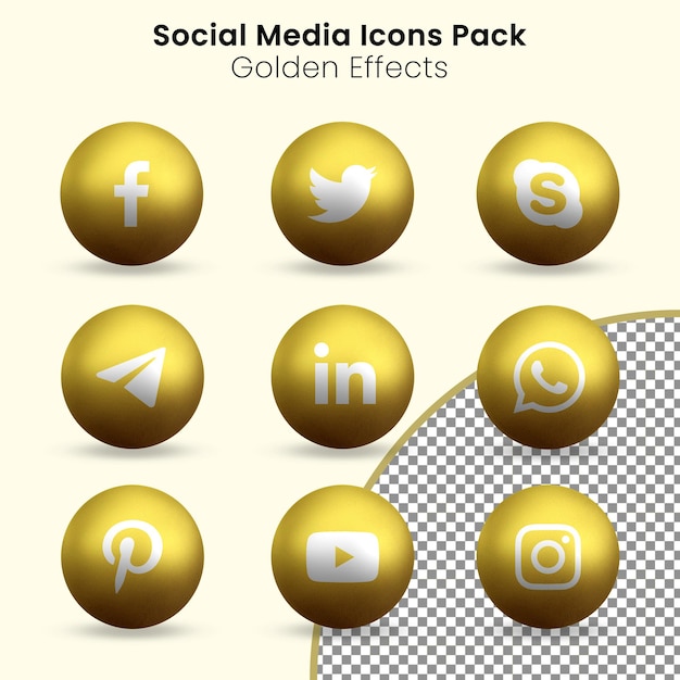 Social media icons pack golden effects sphere