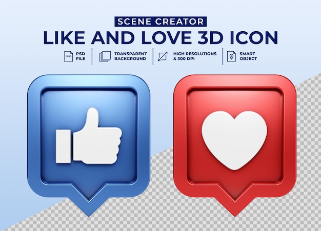 Social media like und love minimalistisches 3d-button-symbol-abzeichen
