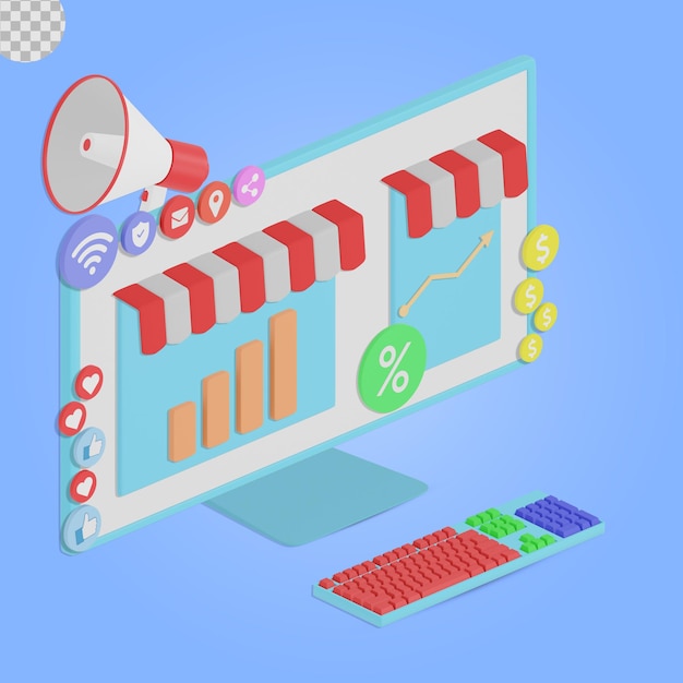 social media marketing con l'illustrazione 3d del grafico dello shopping del computer