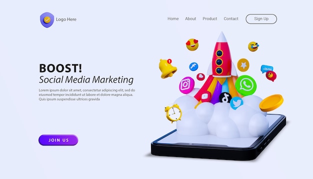 PSD social media marketing landing page mit 3d-cartoon-illustrationsrakete