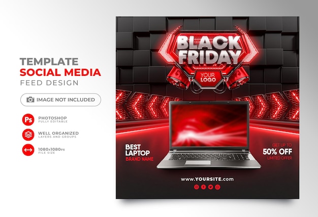 Social Media Post Black Friday 3D-Rendering für Instagram mit super Angeboten und Werbeaktionen