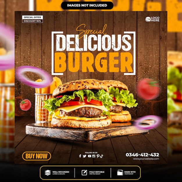 Social media post delicious burger social media template