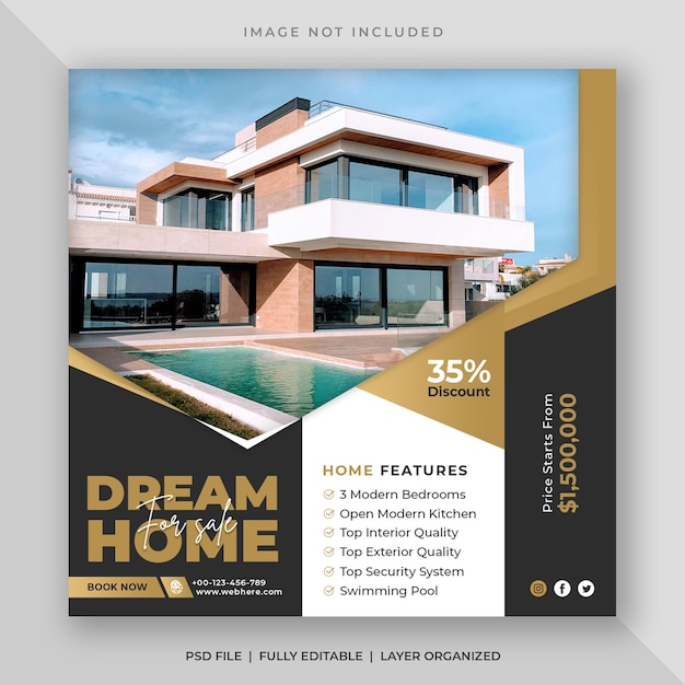 Social-Media-Post oder quadratische Web-Banner-Vorlage für den Verkauf von Immobilien