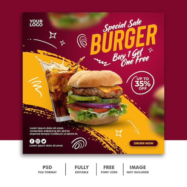 PSD social media post square banner vorlage für restaurant fastfood menü special burger