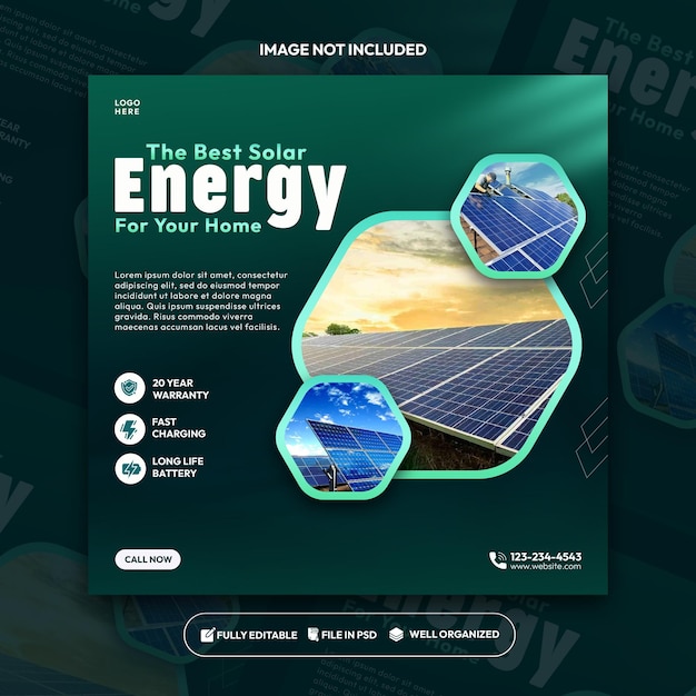 Social-Media-Post-Template-Design für erneuerbare und saubere Sonnenenergie in PSD