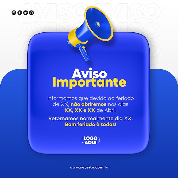 Social media wichtige ankündigung mit megaphon-symbol 3d-rendering in brasilianischem portugiesisch